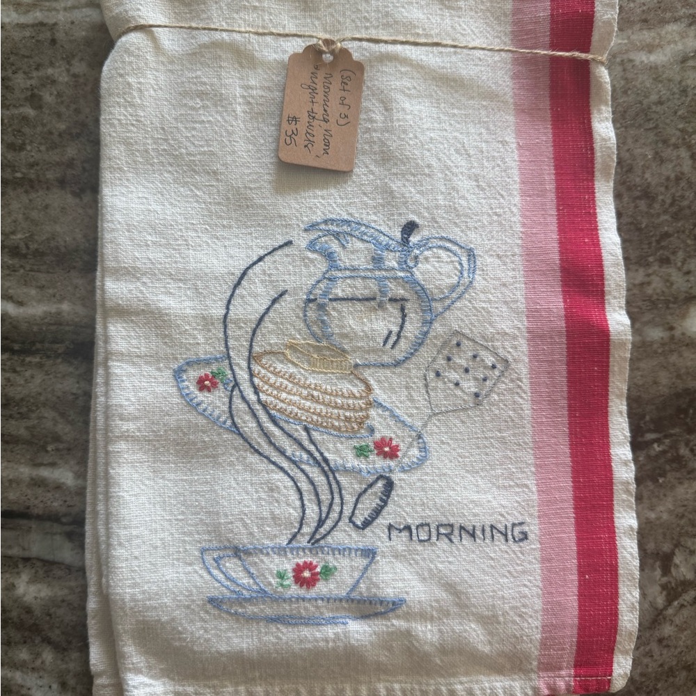 Embroidered Morning, Noon, and Night Kitchen Towel (set of 3) - Red and White